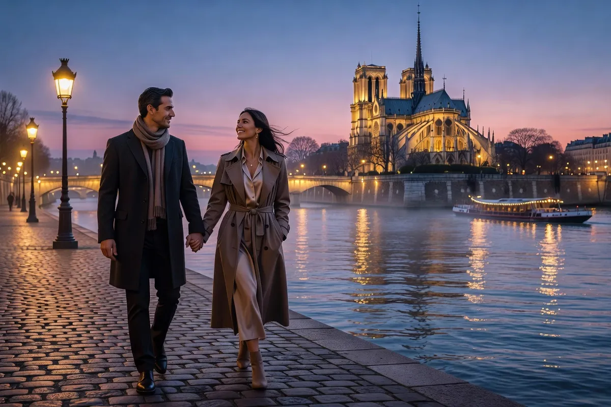 Couple romantique au bord de la Seine